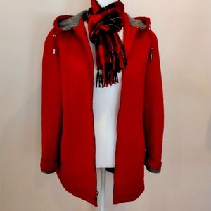 Cherry Red Hooded Coat: Fleece Lined, Quilted Outer Fabric